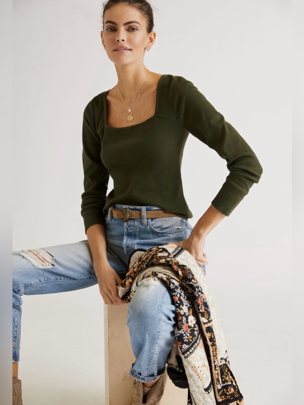 Ribbed Square-Neck Top